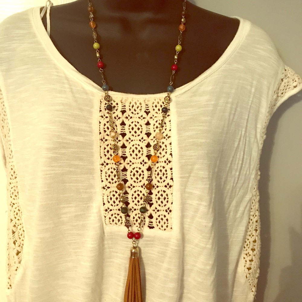 Long multi colored beaded gold leaves tan tassel
